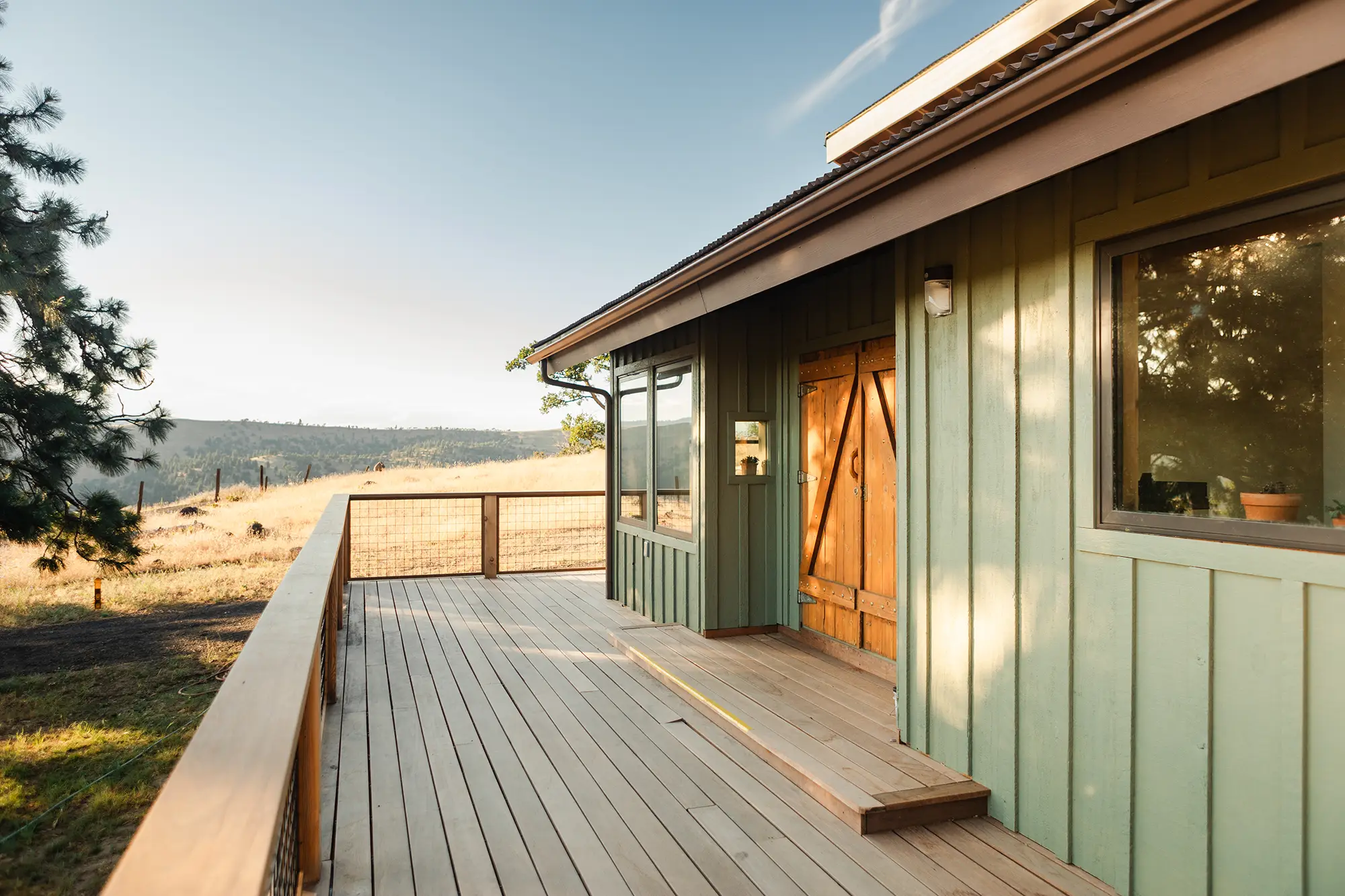 Deck of the Windhorse Vineyard estate house overlooking the canyon hills